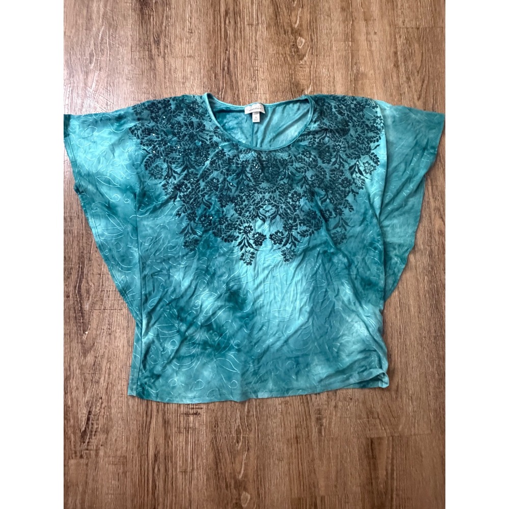 Dressbarn XL Teal Tie Dye Embroidered Sequin Flutter Sleeve Blouse 14557